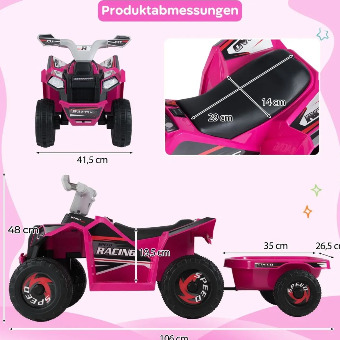 6V Kinder Elektrischer ATV mit Anhänger Elektrofahrzeug mit verschleißfesten Rädern Rosa