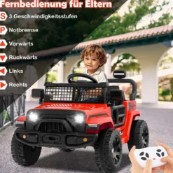 12V Kinder Elektroato Elektro Kinderauto mit Fernbedienung & Musik & Hupe & LED-Lichter Elektrofahrzeug mit 3 Geschwindigkeiten Rot