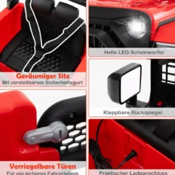 12V Kinder Elektroato Elektro Kinderauto mit Fernbedienung & Musik & Hupe & LED-Lichter Elektrofahrzeug mit 3 Geschwindigkeiten Rot