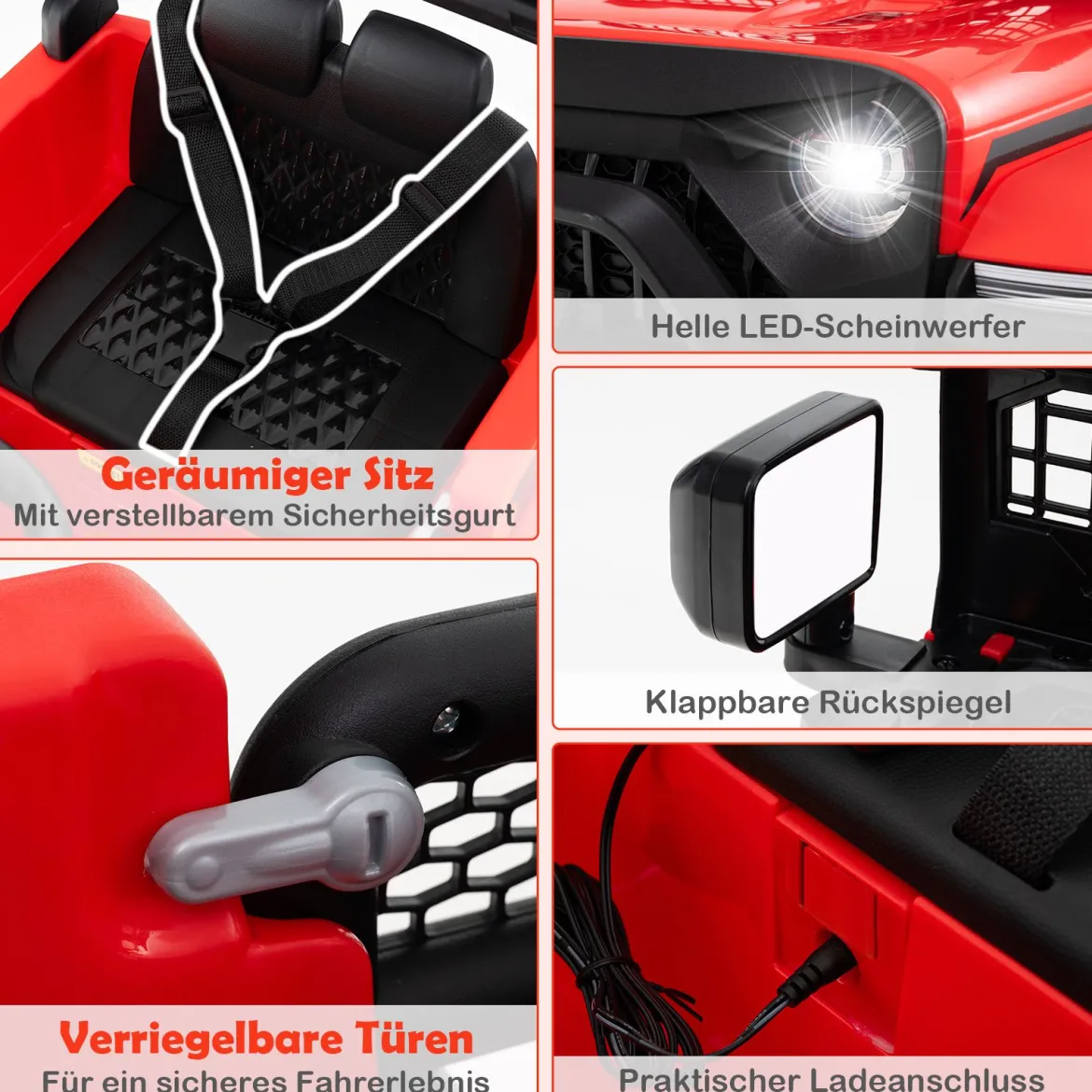 12V Kinder Elektroato Elektro Kinderauto mit Fernbedienung & Musik & Hupe & LED-Lichter Elektrofahrzeug mit 3 Geschwindigkeiten Rot