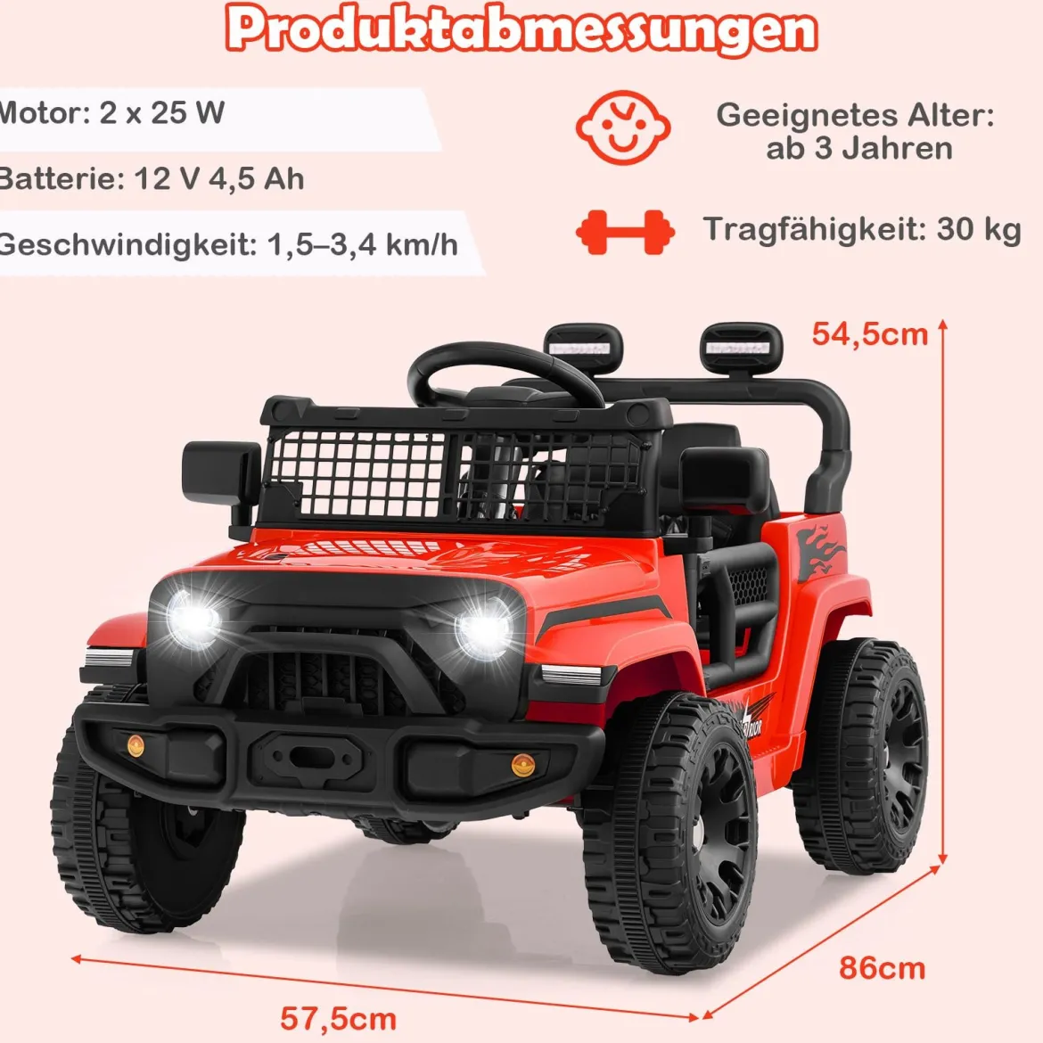 12V Kinder Elektroato Elektro Kinderauto mit Fernbedienung & Musik & Hupe & LED-Lichter Elektrofahrzeug mit 3 Geschwindigkeiten Rot