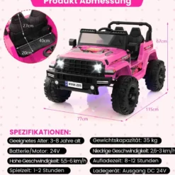 24V Kinder Elektroauto Kinderauto elektrisch 2 Sitzer 77 x 115 x 67 cm Rosa