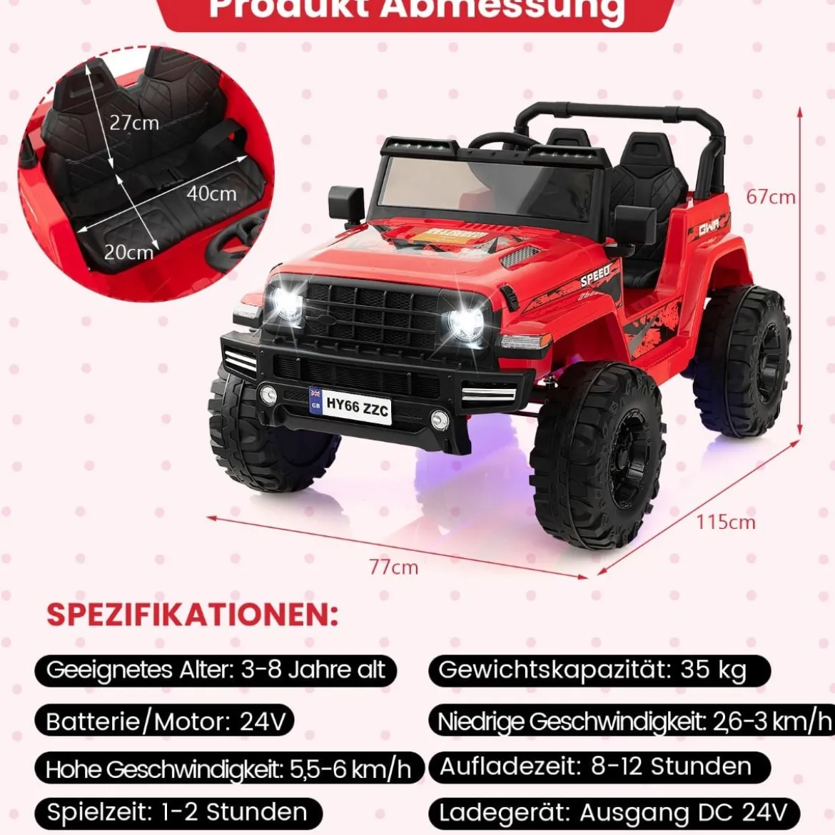 24V Kinder Elektroauto Kinderauto elektrisch 2 Sitzer 77 x 115 x 67 cm Rot