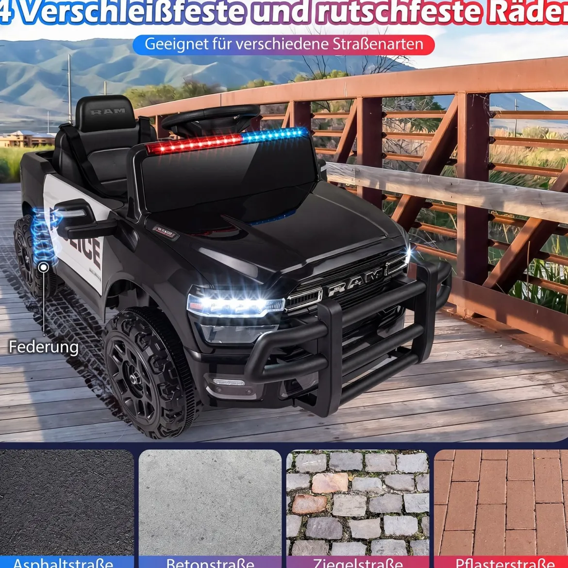 12 V Kinder Elektroauto mit Fernbedienung Blinkendem Blaulicht & Originalen Sirenengeräuschen Schwarz