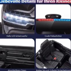 12 V Kinder Elektroauto mit Fernbedienung Blinkendem Blaulicht & Originalen Sirenengeräuschen Schwarz