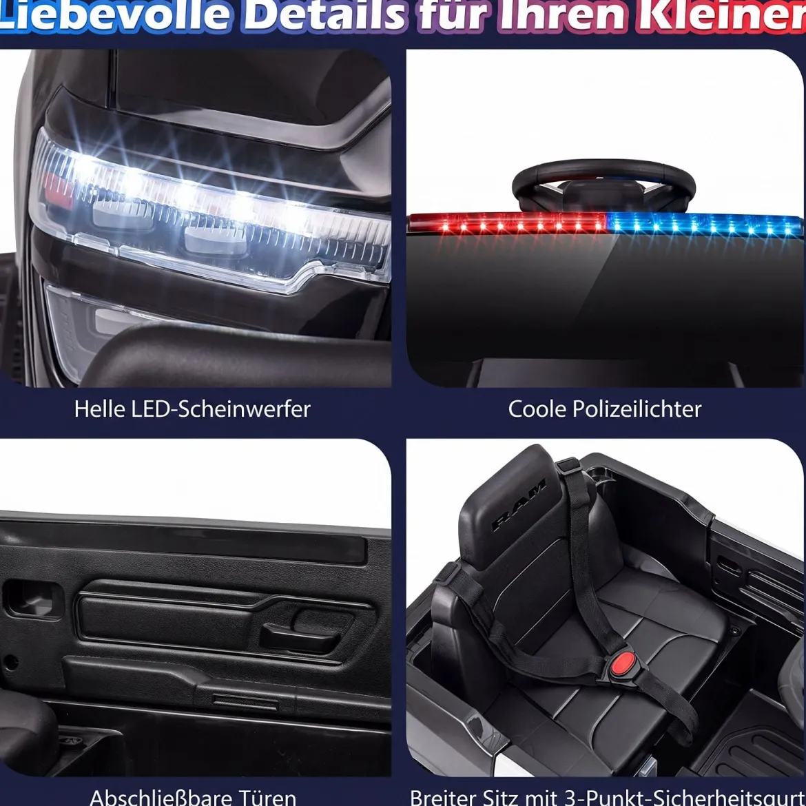 12 V Kinder Elektroauto mit Fernbedienung Blinkendem Blaulicht & Originalen Sirenengeräuschen Schwarz