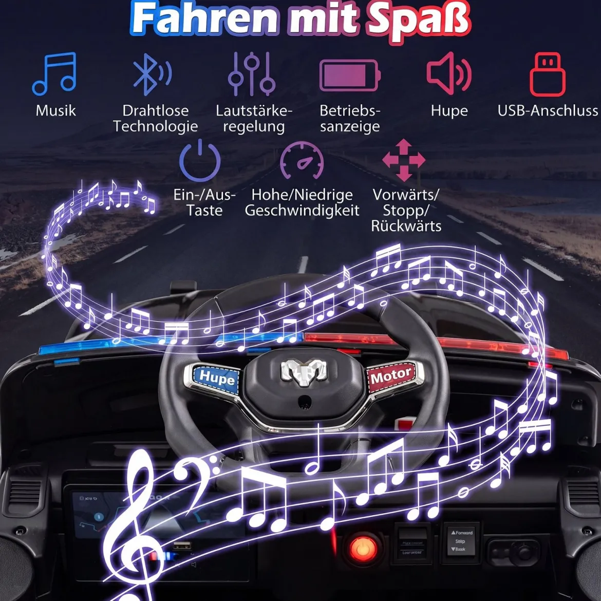 12 V Kinder Elektroauto mit Fernbedienung Blinkendem Blaulicht & Originalen Sirenengeräuschen Schwarz