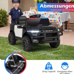 12 V Kinder Elektroauto mit Fernbedienung Blinkendem Blaulicht & Originalen Sirenengeräuschen Schwarz