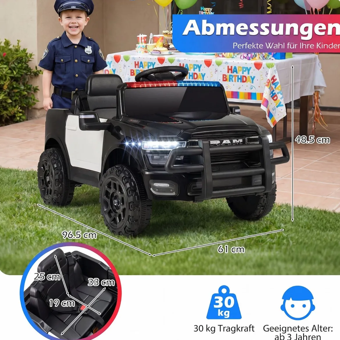 12 V Kinder Elektroauto mit Fernbedienung Blinkendem Blaulicht & Originalen Sirenengeräuschen Schwarz