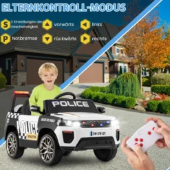 12V Kinder Elektroauto Polizei Elektrisches Kinderauto mit Fernbedienung Elektro Auto für Kinder ab 3 Jahren Weiß