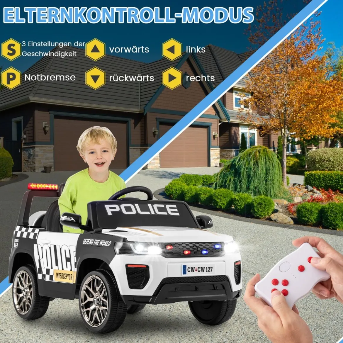 12V Kinder Elektroauto Polizei Elektrisches Kinderauto mit Fernbedienung Elektro Auto für Kinder ab 3 Jahren Weiß
