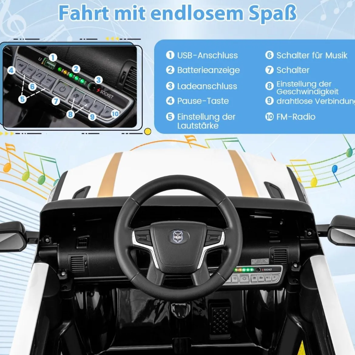 12V Kinder Elektroauto Polizei Elektrisches Kinderauto mit Fernbedienung Elektro Auto für Kinder ab 3 Jahren Weiß