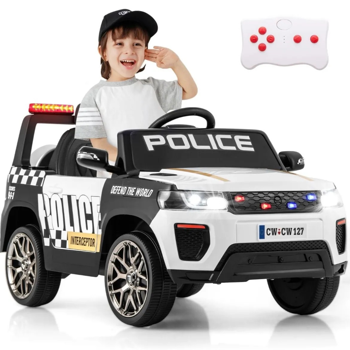 12V Kinder Elektroauto Polizei Elektrisches Kinderauto mit Fernbedienung Elektro Auto für Kinder ab 3 Jahren Weiß