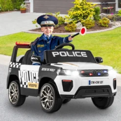 12V Kinder Elektroauto Polizei Elektrisches Kinderauto mit Fernbedienung Elektro Auto für Kinder ab 3 Jahren Weiß
