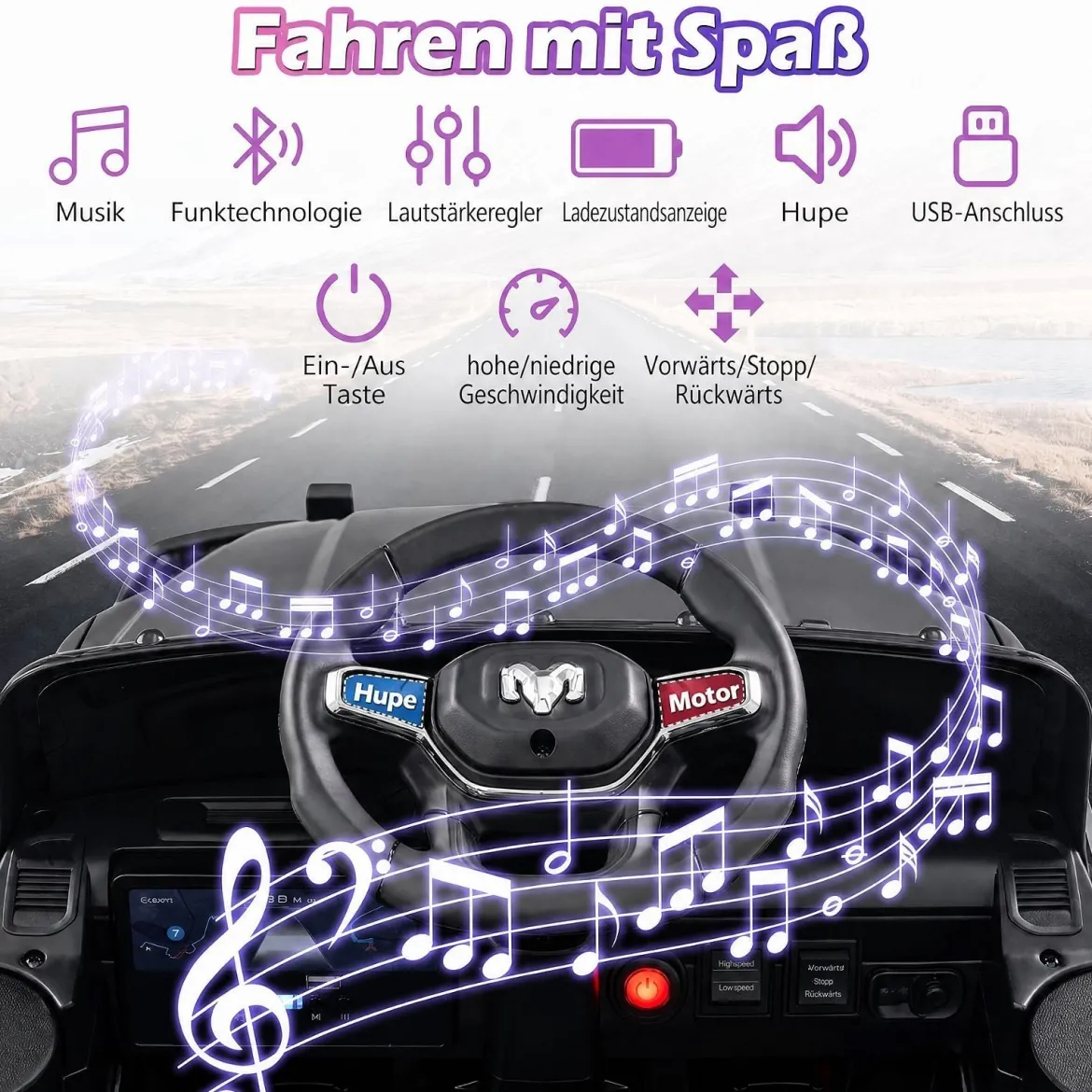 12V Kinder Elektroauto RAM 3500 mit 2 25W Motoren für Kinder ab 3 Jahren 3,1-5 km/h Schwarz