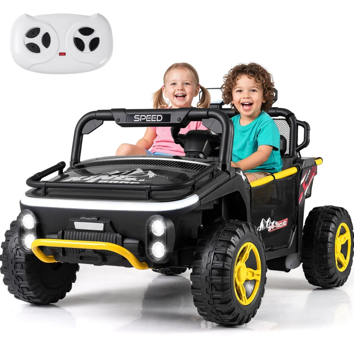 24V Kinder Elektrofahrzeug 2-Sitzer Elektroauto mit Hupe Musik & Licht Kinderfahrzeug mit Fernbedienung Schwarz