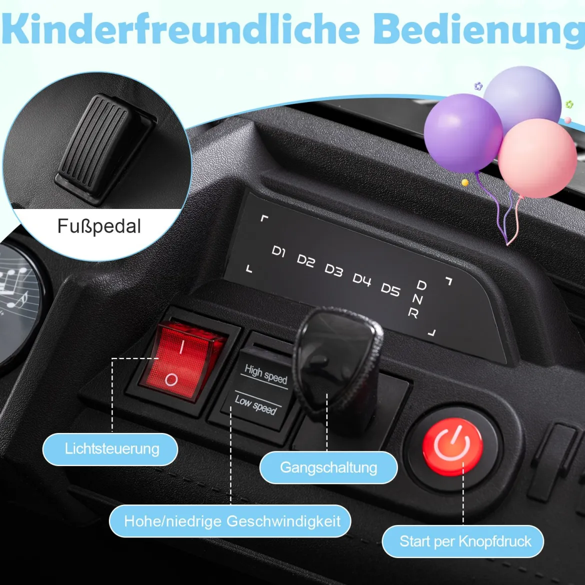 24V Kinder Elektrofahrzeug 2-Sitzer Elektroauto mit Hupe Musik & Licht Kinderfahrzeug mit Fernbedienung Schwarz