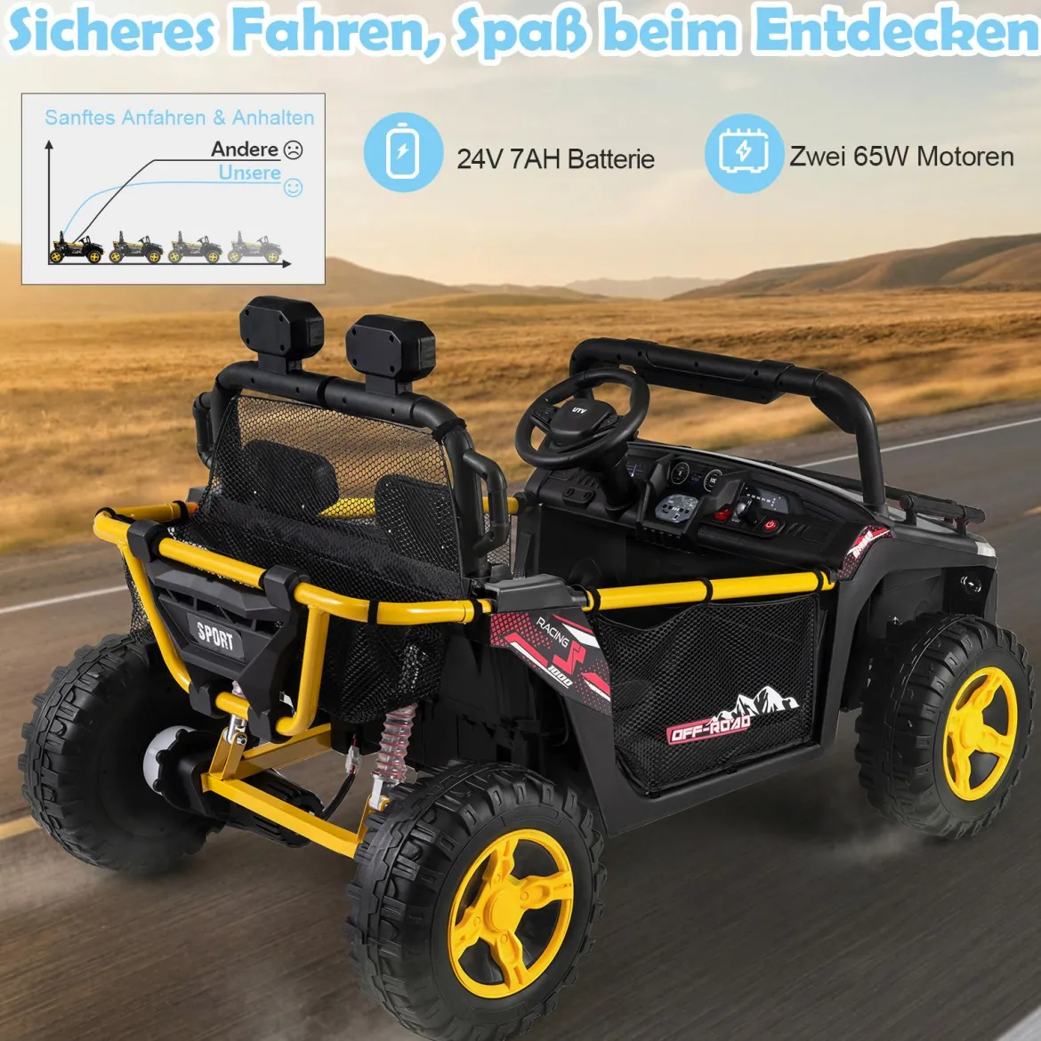 24V Kinder Elektrofahrzeug 2-Sitzer Elektroauto mit Hupe Musik & Licht Kinderfahrzeug mit Fernbedienung Schwarz