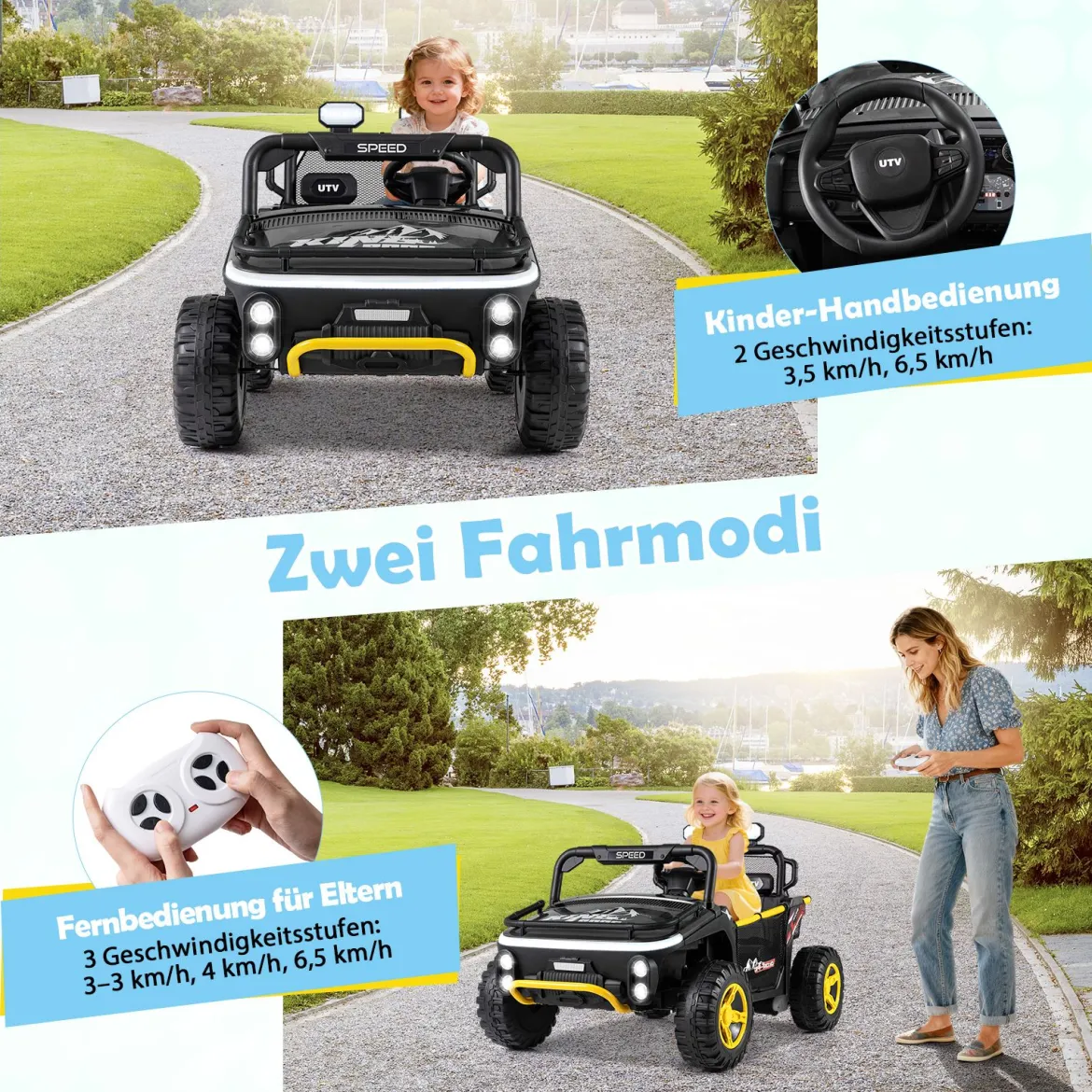 24V Kinder Elektrofahrzeug 2-Sitzer Elektroauto mit Hupe Musik & Licht Kinderfahrzeug mit Fernbedienung Schwarz