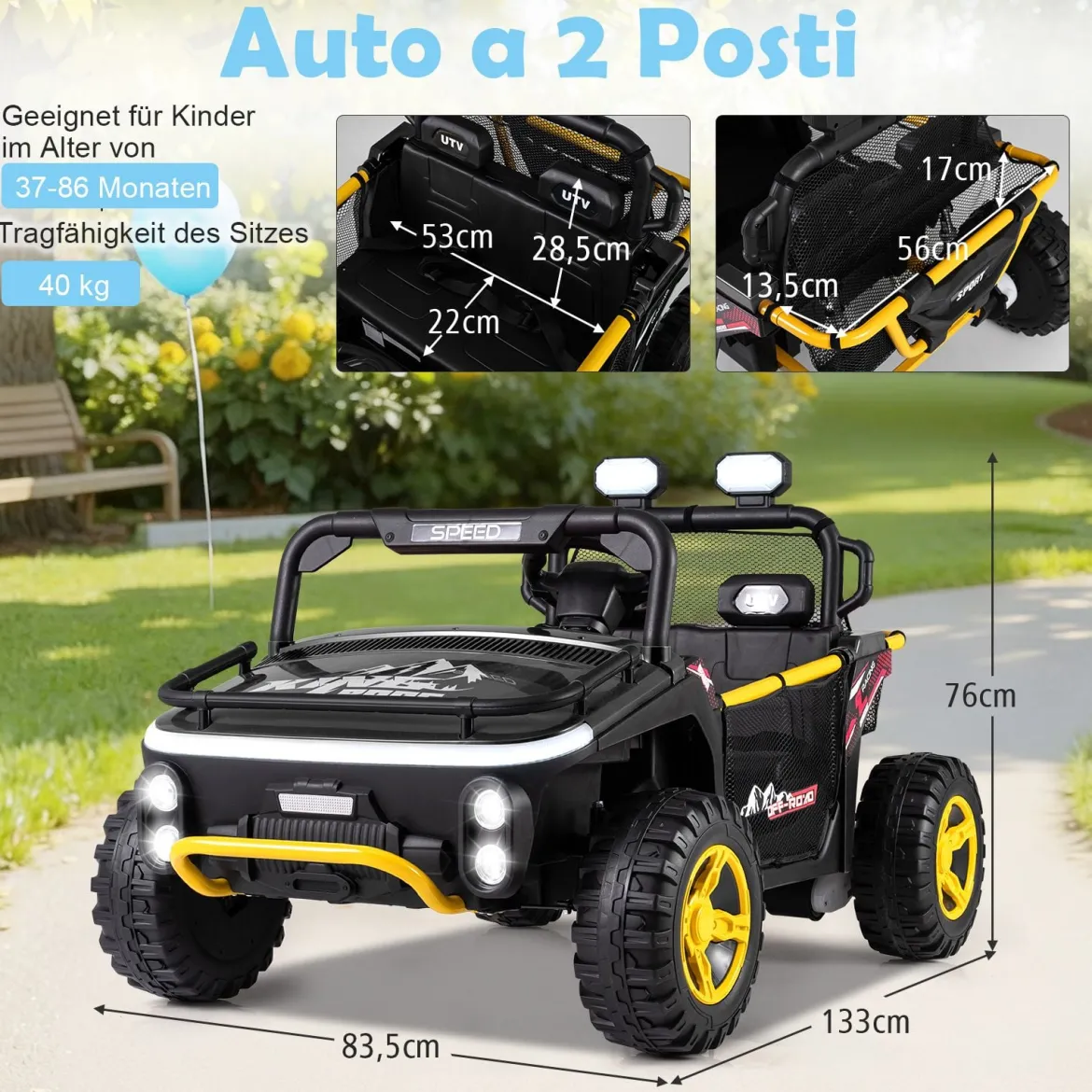 24V Kinder Elektrofahrzeug 2-Sitzer Elektroauto mit Hupe Musik & Licht Kinderfahrzeug mit Fernbedienung Schwarz