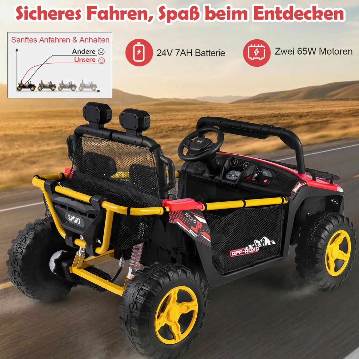 24V Kinder Elektrofahrzeug 2-Sitzer Elektroauto mit Hupe Musik & Licht Kinderfahrzeug mit Fernbedienung Rot