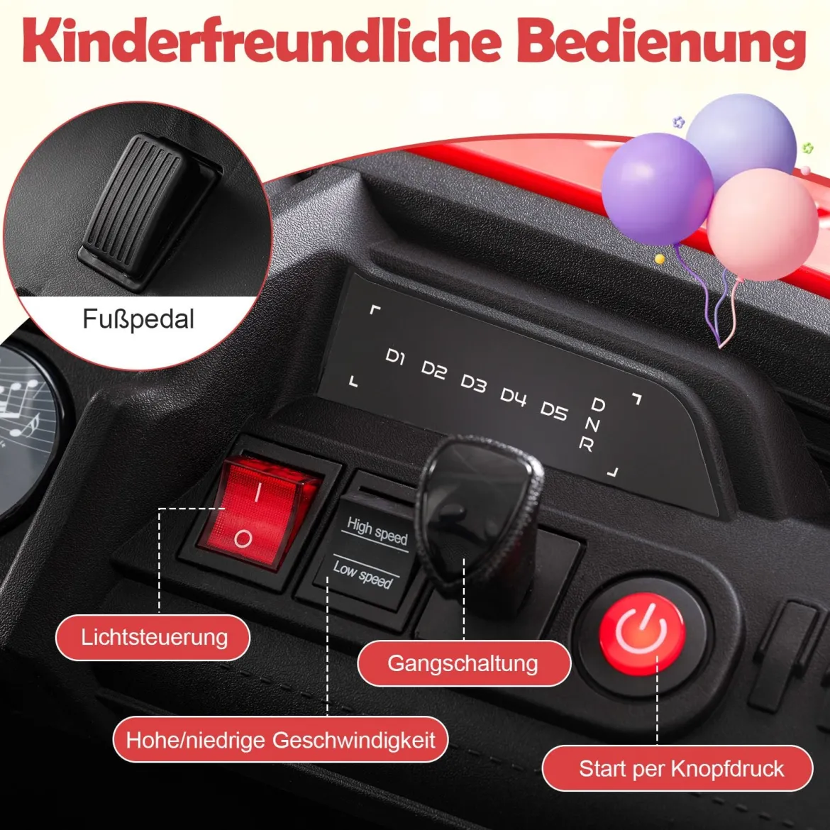 24V Kinder Elektrofahrzeug 2-Sitzer Elektroauto mit Hupe Musik & Licht Kinderfahrzeug mit Fernbedienung Rot