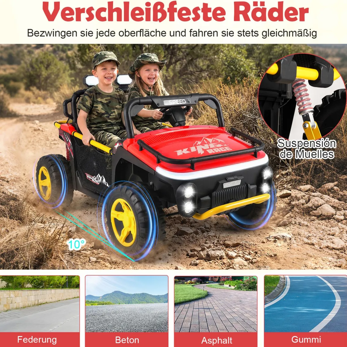24V Kinder Elektrofahrzeug 2-Sitzer Elektroauto mit Hupe Musik & Licht Kinderfahrzeug mit Fernbedienung Rot