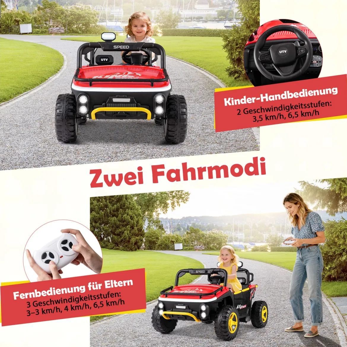 24V Kinder Elektrofahrzeug 2-Sitzer Elektroauto mit Hupe Musik & Licht Kinderfahrzeug mit Fernbedienung Rot
