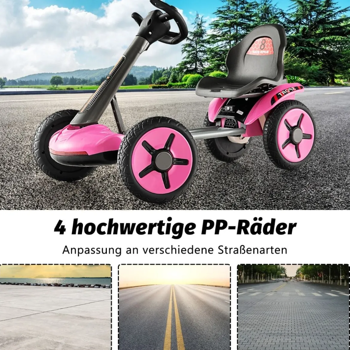 12V Kinder Elektro Gokart mit LED & 2-fach Verstellbarem Lenkrad & SitzLichter Rosa