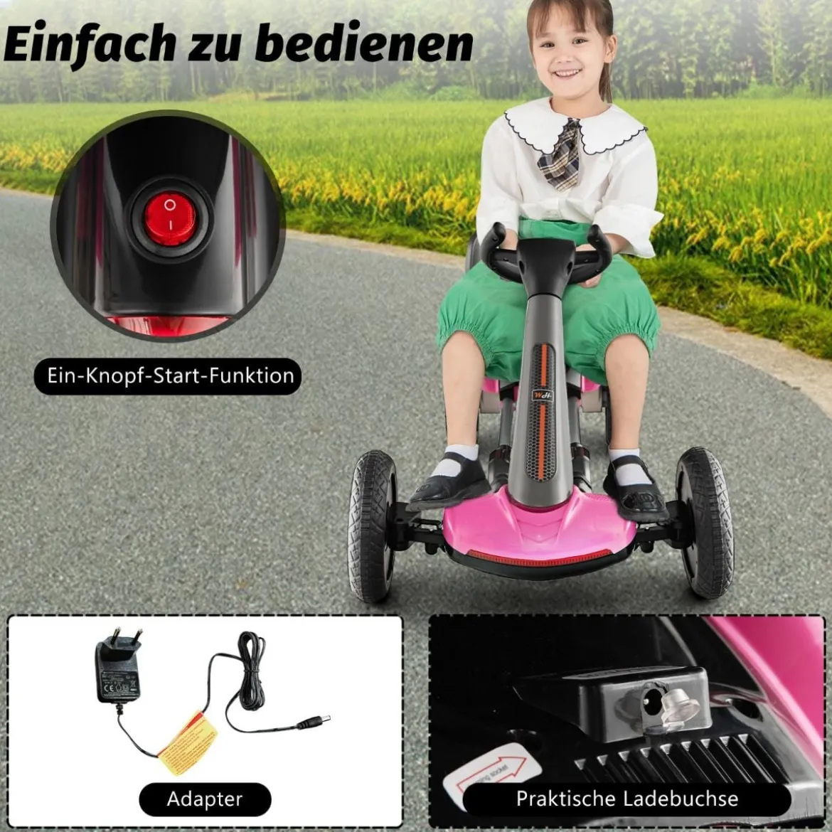12V Kinder Elektro Gokart mit LED & 2-fach Verstellbarem Lenkrad & SitzLichter Rosa