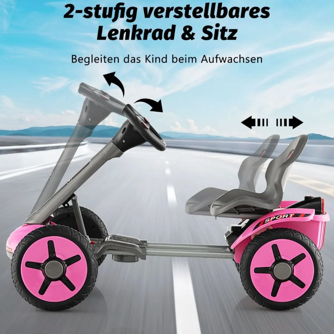 12V Kinder Elektro Gokart mit LED & 2-fach Verstellbarem Lenkrad & SitzLichter Rosa
