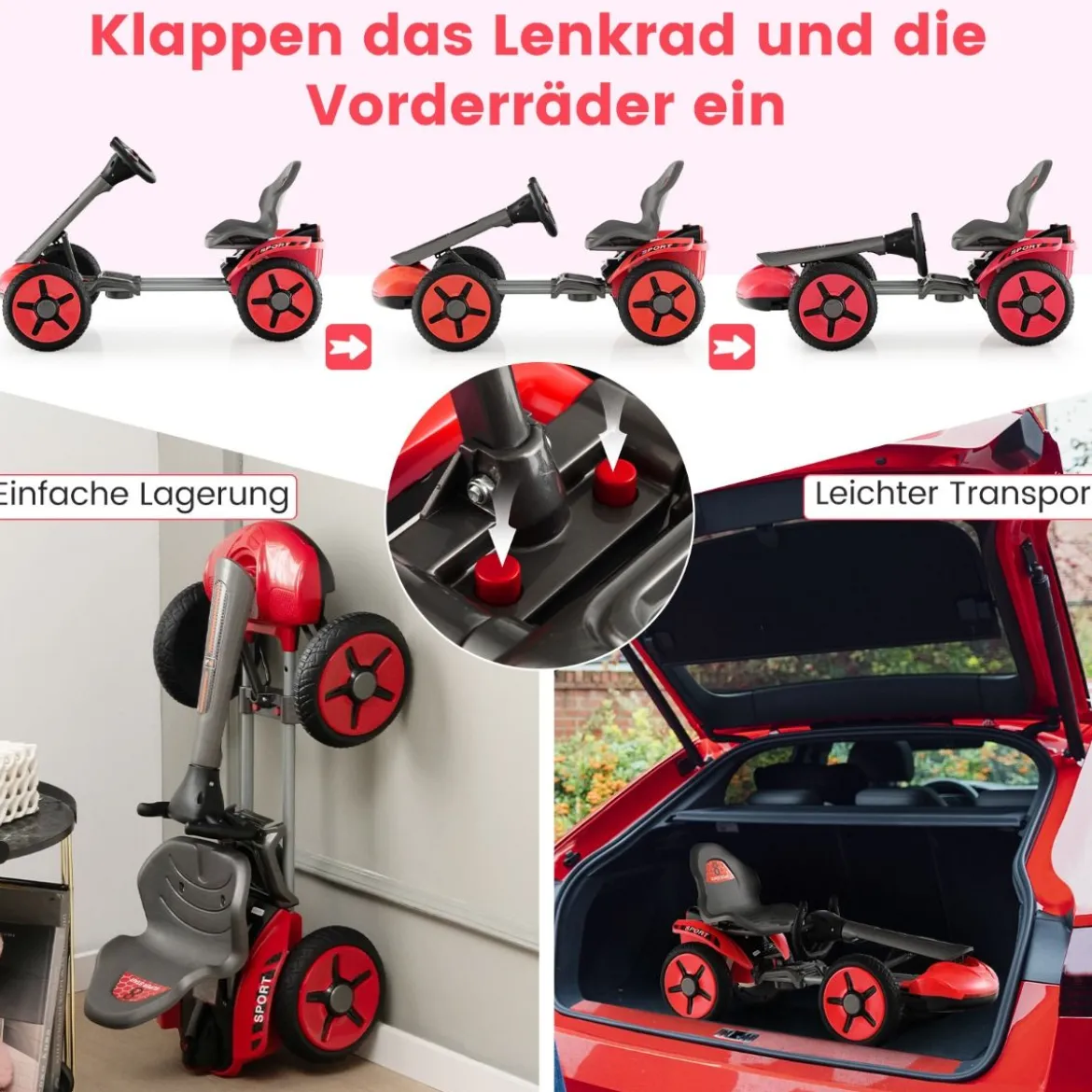 12V Kinder Elektro Gokart mit LED & 2-fach Verstellbarem Lenkrad & SitzLichter Rot