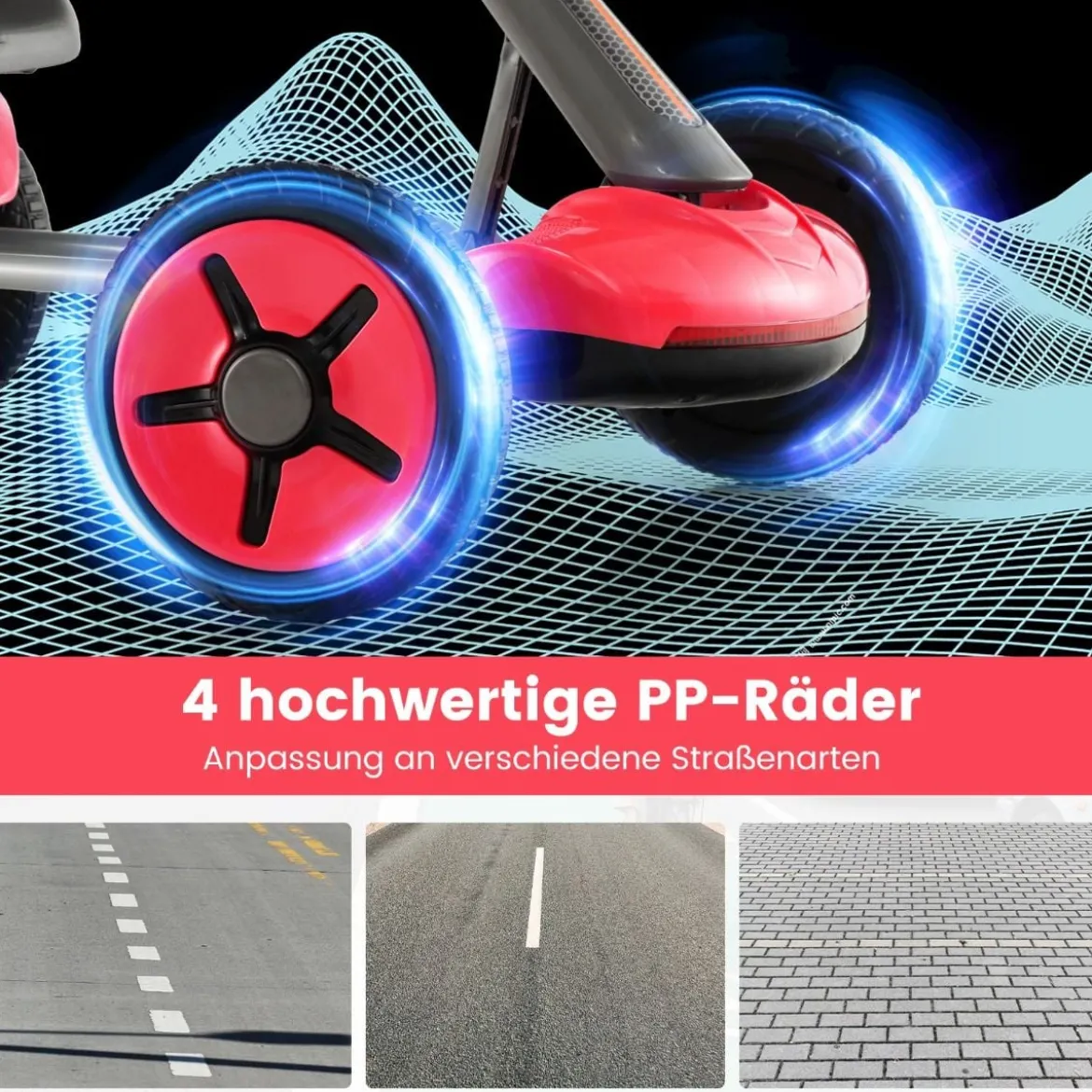 12V Kinder Elektro Gokart mit LED & 2-fach Verstellbarem Lenkrad & SitzLichter Rot