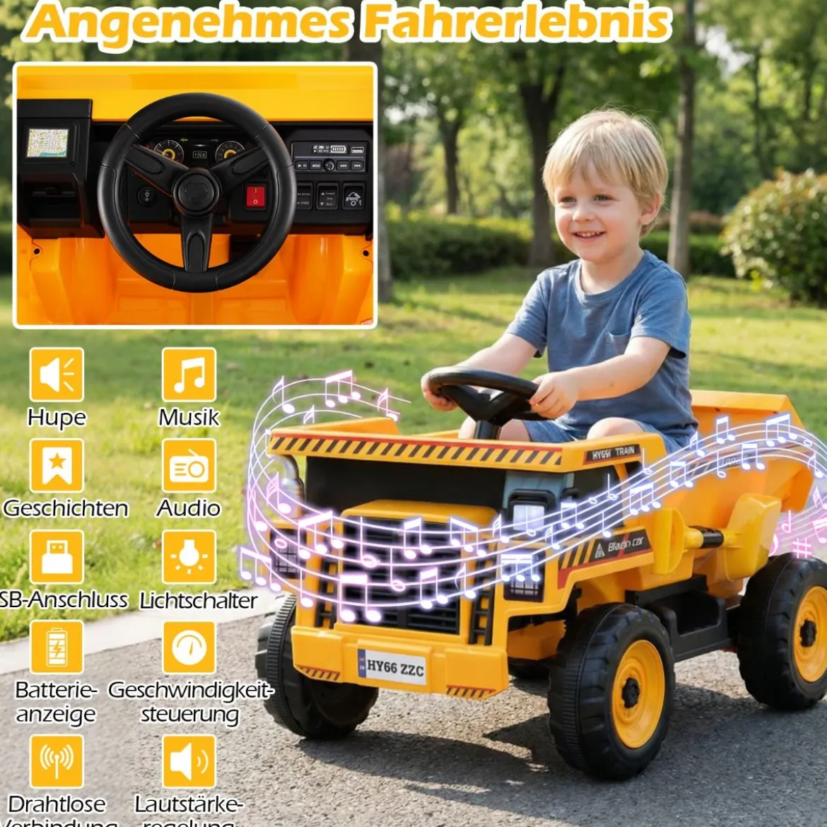 24V Kinder Elektro-Kippwagen 4-Rad Baumaschine mit Kippmulde Schaufel Fernbedienung Gelb