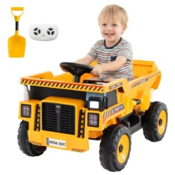 24V Kinder Elektro-Kippwagen 4-Rad Baumaschine mit Kippmulde Schaufel Fernbedienung Gelb