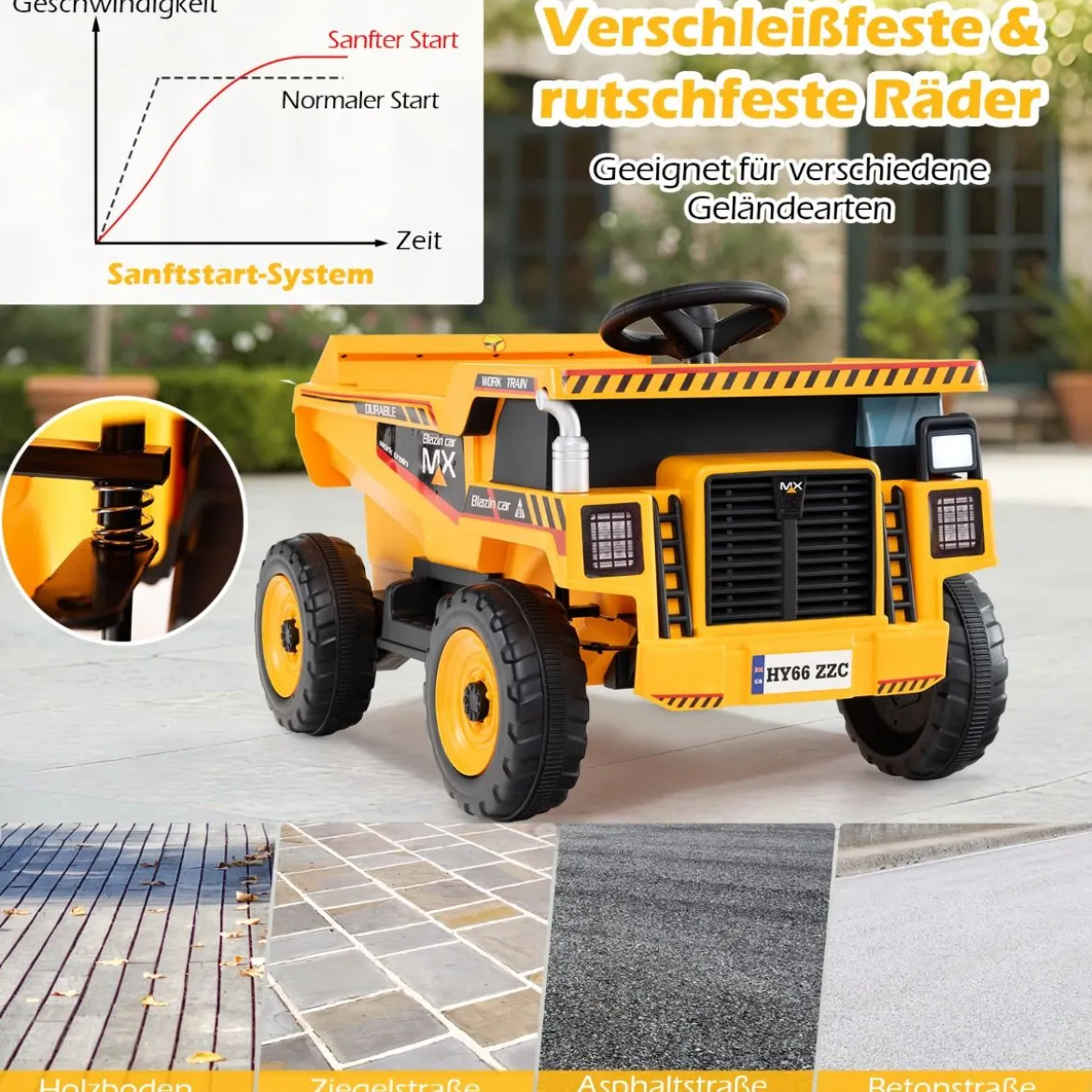 24V Kinder Elektro-Kippwagen 4-Rad Baumaschine mit Kippmulde Schaufel Fernbedienung Gelb