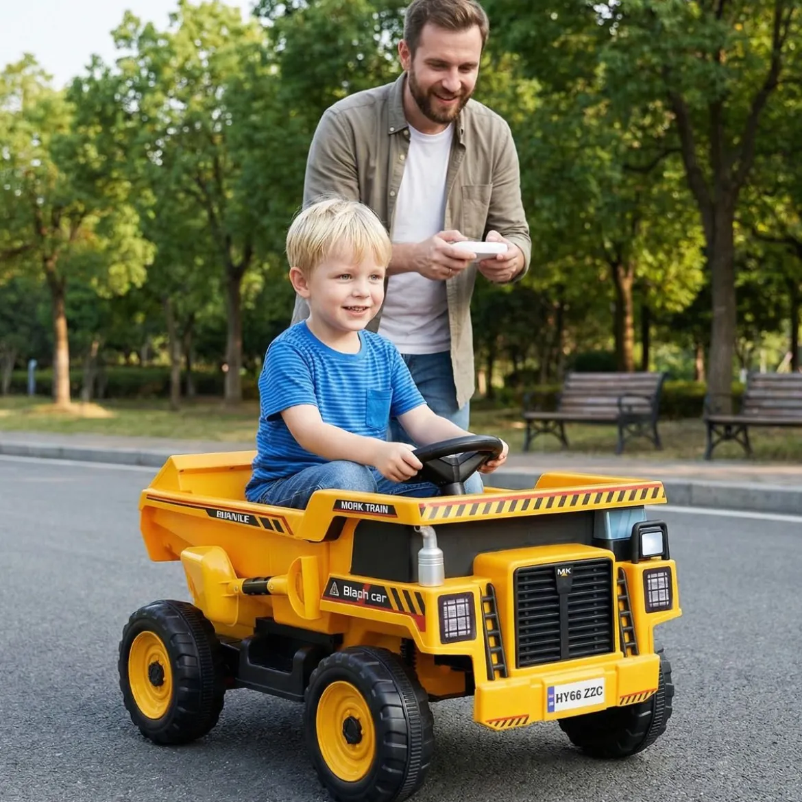 24V Kinder Elektro-Kippwagen 4-Rad Baumaschine mit Kippmulde Schaufel Fernbedienung Gelb