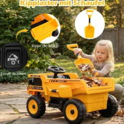 24V Kinder Elektro-Kippwagen 4-Rad Baumaschine mit Kippmulde Schaufel Fernbedienung Gelb