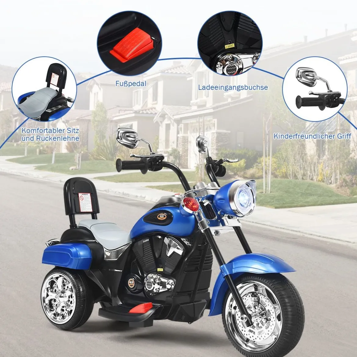 6V Kinder Elektro Motorrad mit Verstellbaren Scheinwerfer & Sound Dreirad Elektromotorrad