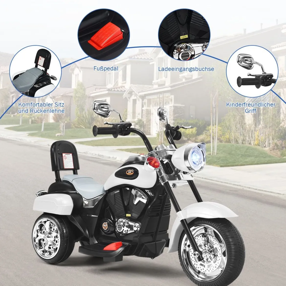 6V Kinder Elektro Motorrad mit Verstellbaren Scheinwerfer & Sound Dreirad Elektromotorrad