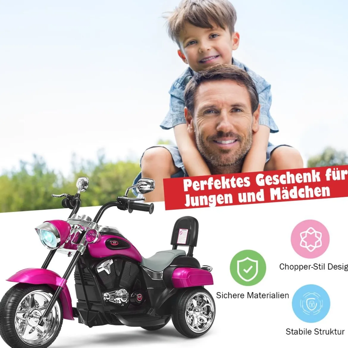6V Kinder Elektro Motorrad mit Verstellbaren Scheinwerfer & Sound Dreirad Elektromotorrad