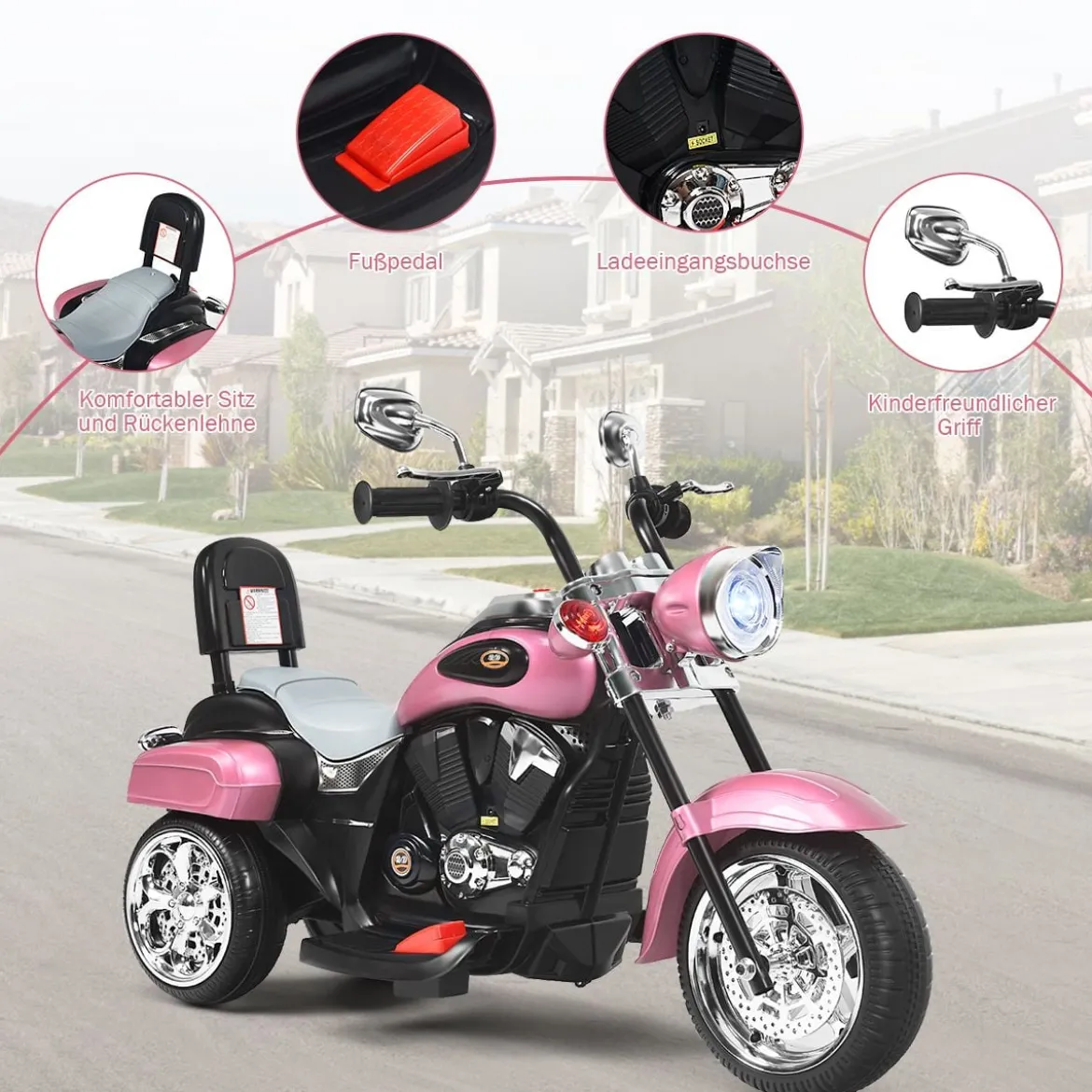 6V Kinder Elektro Motorrad mit Verstellbaren Scheinwerfer & Sound Dreirad Elektromotorrad