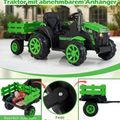 24V Kinder Elektrotraktor mit Anhänger Elektrisches Fahrzeug mit LED-Scheinwerfern Musik Grün