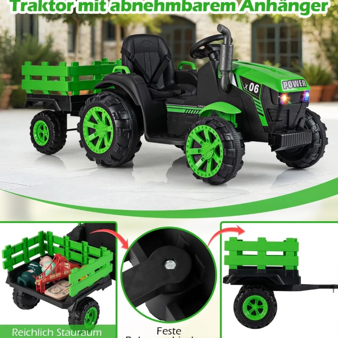 24V Kinder Elektrotraktor mit Anhänger Elektrisches Fahrzeug mit LED-Scheinwerfern Musik Grün