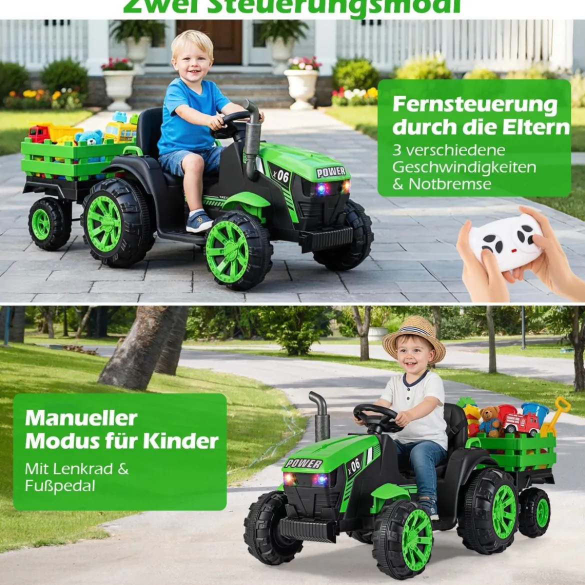 24V Kinder Elektrotraktor mit Anhänger Elektrisches Fahrzeug mit LED-Scheinwerfern Musik Grün