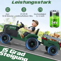 24V Kinder Elektro-Traktor mit Anhänger elektrisches Fahrzeug mit abnehmbarem Anhänger Fernbedienung Dunkelgrün