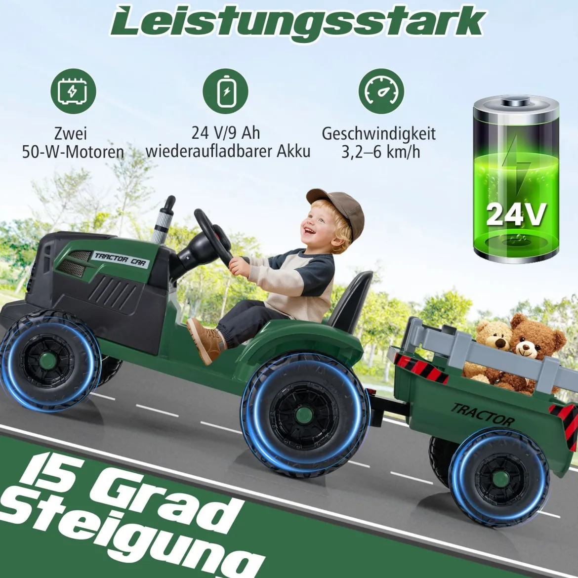 24V Kinder Elektro-Traktor mit Anhänger elektrisches Fahrzeug mit abnehmbarem Anhänger Fernbedienung Dunkelgrün
