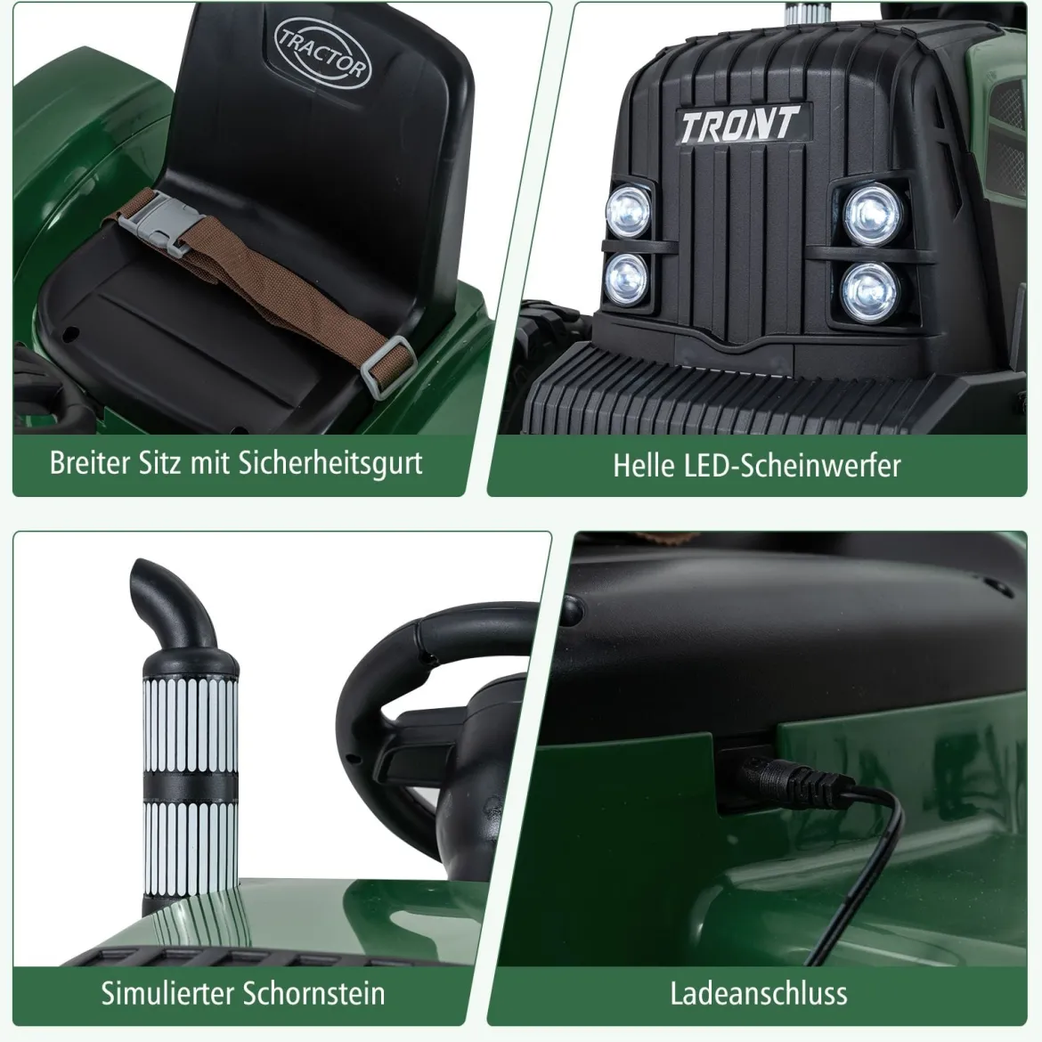 24V Kinder Elektro-Traktor mit Anhänger elektrisches Fahrzeug mit abnehmbarem Anhänger Fernbedienung Dunkelgrün
