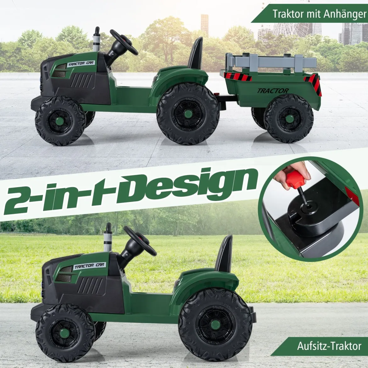 24V Kinder Elektro-Traktor mit Anhänger elektrisches Fahrzeug mit abnehmbarem Anhänger Fernbedienung Dunkelgrün