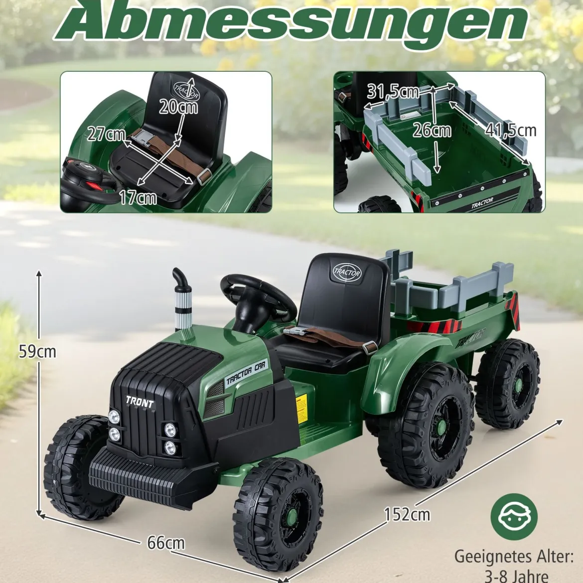 24V Kinder Elektro-Traktor mit Anhänger elektrisches Fahrzeug mit abnehmbarem Anhänger Fernbedienung Dunkelgrün